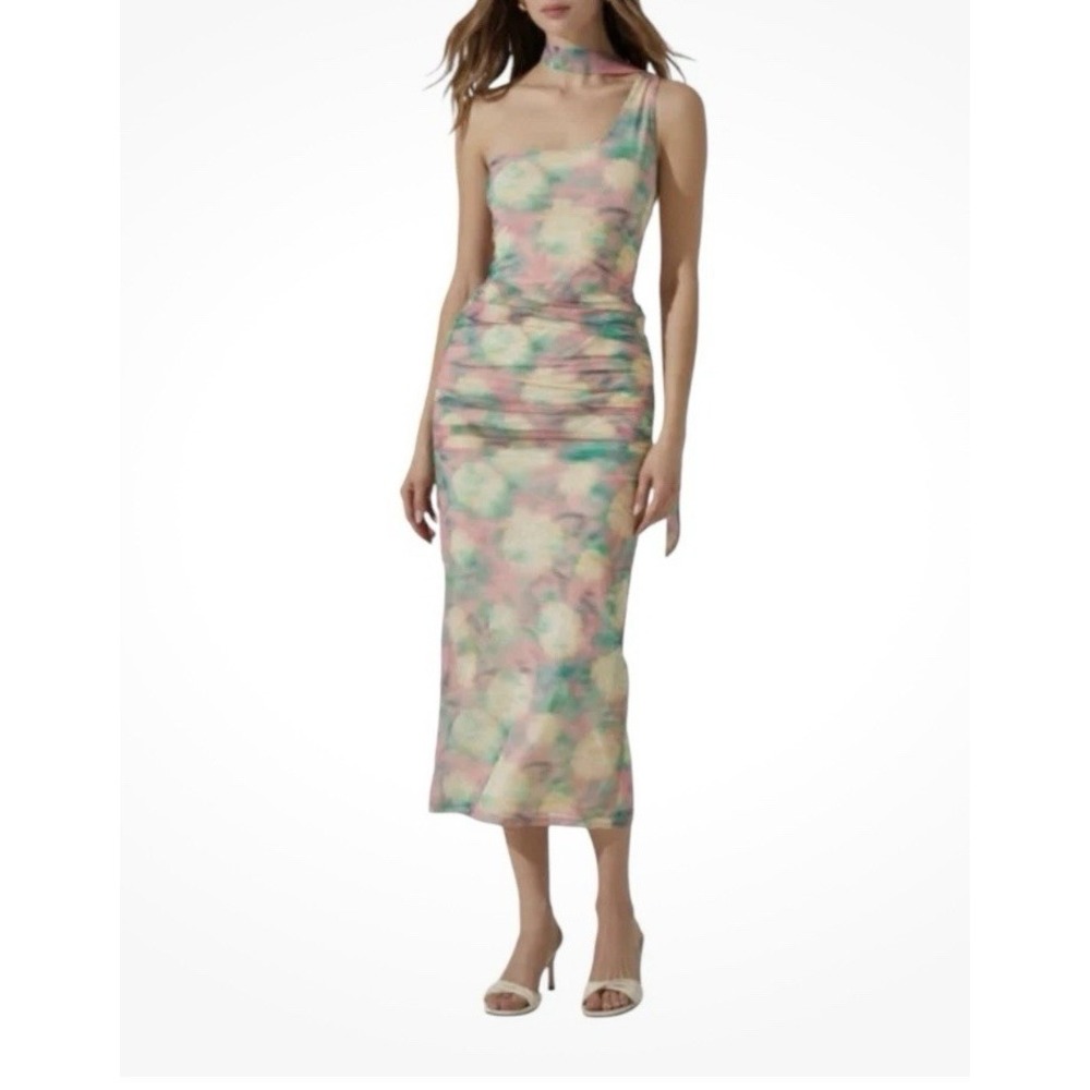 ASTR the label dress Abstract print asymmetric midi green pink One Shoulder Sz L